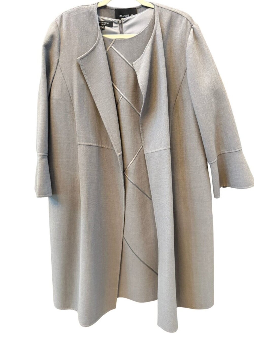 Lafayette 148 Gray Wool Dress & Long Jacket Set XL 16 Geometric Piping